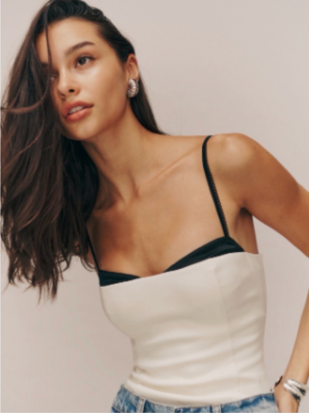 Reformation Cream Bustier Tank Top with Black Trim